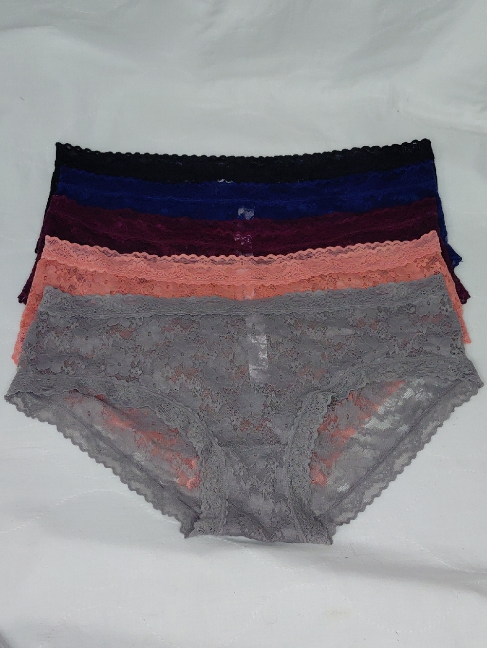 Lace Bikini Panty 5 Pack - Gray, Peach, Navy, Burgundy, Black Sz L